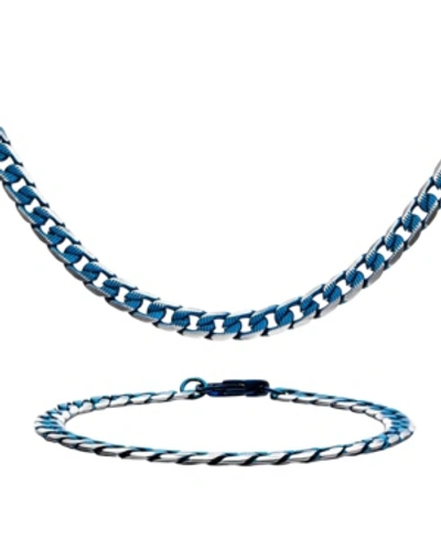 Inox Men's Curb Chain Necklace And Bracelet Set In Blue