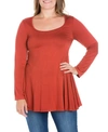 24seven Comfort Apparel Long Sleeve Solid Color Swing Style Flared Tunic Top In Rust