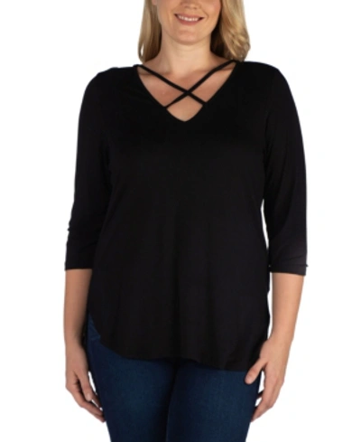 24seven Comfort Apparel Women's Plus Size Criss Cross Detail Tunic Top In Black