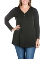 24seven Comfort Apparel Women's Plus Size Flared Long Sleeves Henley Tunic Top In Black