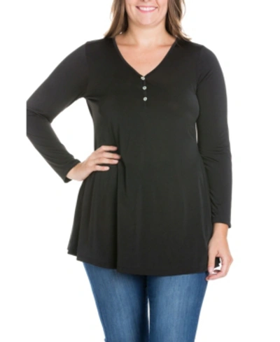24seven Comfort Apparel Women's Plus Size Flared Long Sleeves Henley Tunic Top In Black