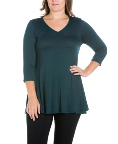 24seven Comfort Apparel Women's Plus Size Three Quarter Sleeves V-neck Tunic Top In Forest