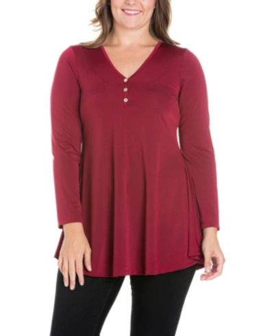 24seven Comfort Apparel Women's Plus Size Flared Long Sleeves Henley Tunic Top In Wine