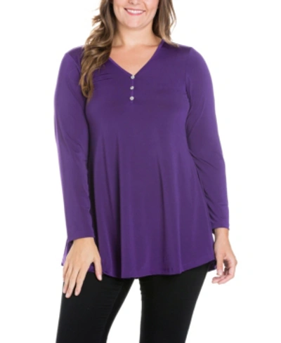 24seven Comfort Apparel Women's Plus Size Flared Long Sleeves Henley Tunic Top In Purple