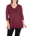 24seven Comfort Apparel Plus Size 3/4 Sleeve V-neck Tunic Top In Wine