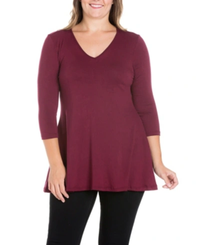 24seven Comfort Apparel Women's Plus Size Three Quarter Sleeves V-neck Tunic Top In Wine