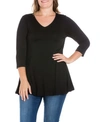 24seven Comfort Apparel Plus Size 3/4 Sleeve V-neck Tunic Top In Black