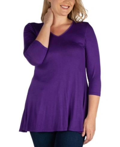 24seven Comfort Apparel Women's Plus Size Three Quarter Sleeves V-neck Tunic Top In Purple