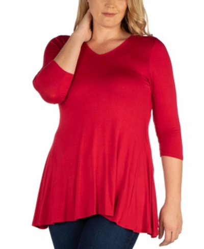 24seven Comfort Apparel Women's Plus Size Three Quarter Sleeves V-neck Tunic Top In Red
