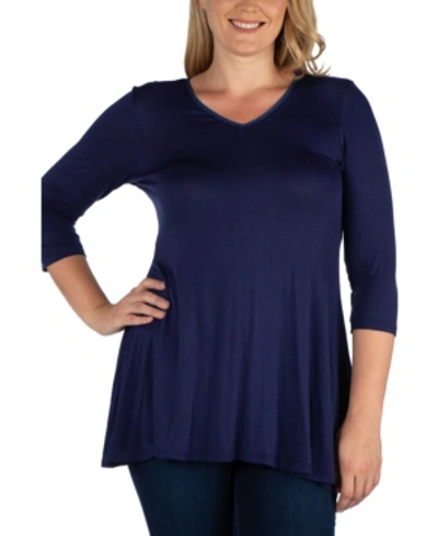 24seven Comfort Apparel Women's Plus Size Three Quarter Sleeves V-neck Tunic Top In Navy