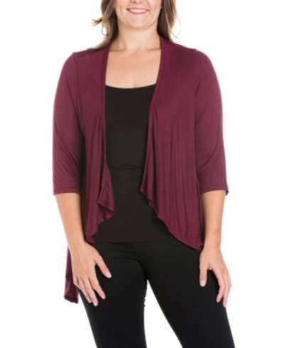 24seven Comfort Apparel Plus Size Elbow Length Sleeve Open Cardigan In Wine