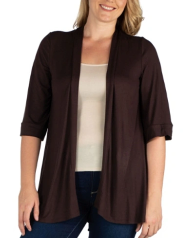 24seven Comfort Apparel Plus Size Elbow Length Open Front Cardigan In Brown