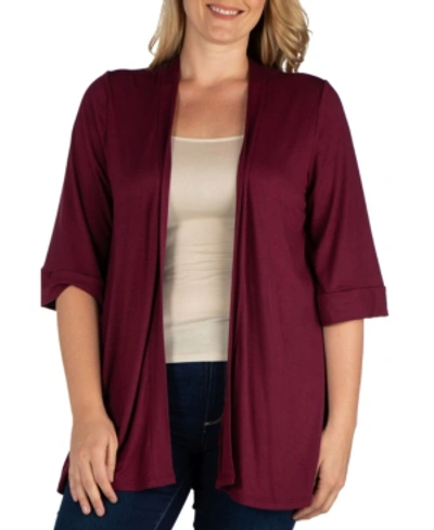 24seven Comfort Apparel Open Front Elbow Length Sleeve Maternity Cardigan In Wine
