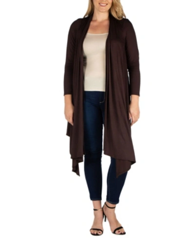 24seven Comfort Apparel Women's Plus Size Extra Long Open Front Cardigan In Brown