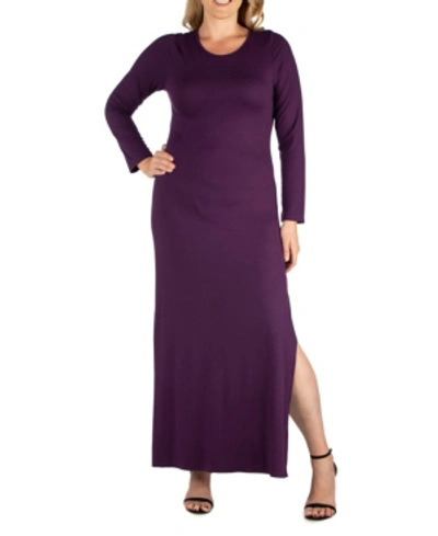 24seven Comfort Apparel Women's Plus Size Side Slit Fitted Maxi Dress In Purple