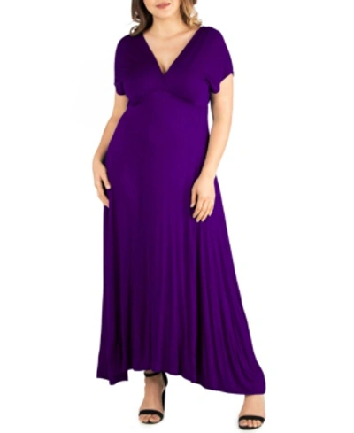 24seven Comfort Apparel Plus Size Empire Waist V-neck Maxi Dress In Purple
