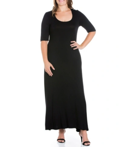 24seven Comfort Apparel Plus Size Elbow Length Sleeve Maxi Dress In Black