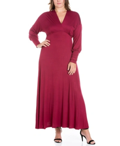 24seven Comfort Apparel Women's Plus Size Bishop Sleeves Maxi Dress In Wine