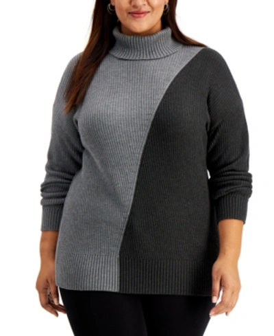Alfani Plus Size Colorblock Turtleneck Sweater, Created For Macy's In Graphite