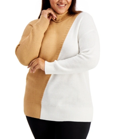Alfani Asymmetrical-print Ribbed Turtleneck Sweater, Created For Macy's In Palm Desert White