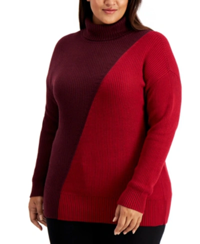 Alfani Asymmetrical-print Ribbed Turtleneck Sweater, Created For Macy's In Berry Jam