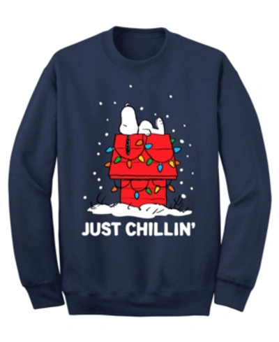 Hybrid Men's Snoopy Just Chillin Christmas Crew Fleece Sweatshirt In Navy