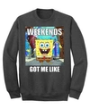 Hybrid Men's Spongebob "weekends Got Me Like" Crew Fleece Sweatshirt In Black