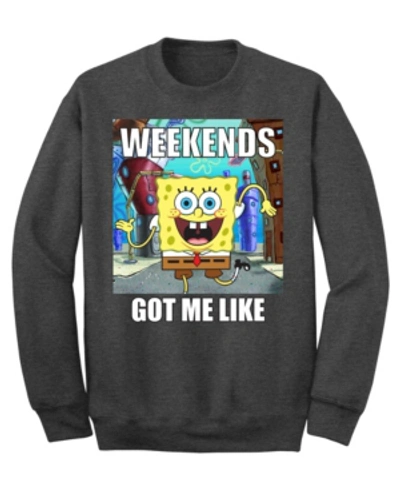 Hybrid Men's Spongebob "weekends Got Me Like" Crew Fleece Sweatshirt In Black