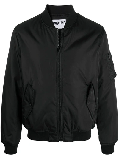 Moschino Couture Nylon Bomber Jacket With Big Double Question Mark Logo In Black