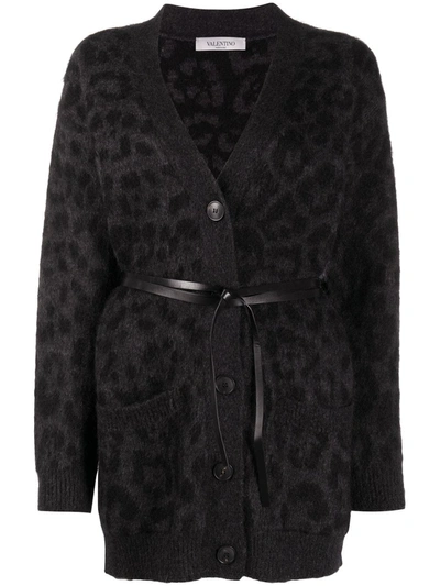 Valentino Leopard Pattern Belted V-neck Cardigan In Grey