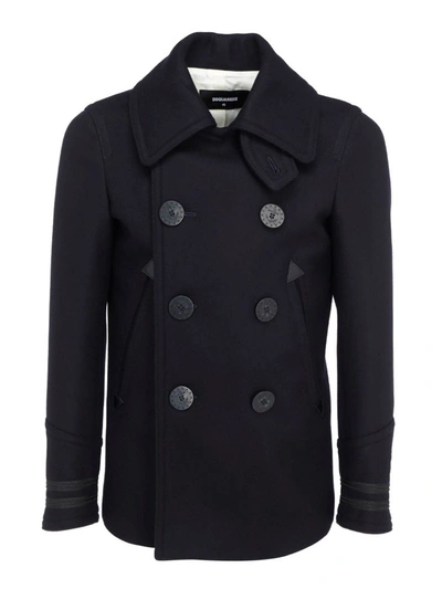 Dsquared2 Double Breasted Wool Blend Pea Coat In Dark Blue