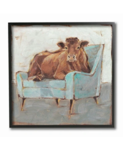 Stupell Industries Brown Bull On A Blue Couch Neutral Color Painting Framed Texturized Art, 12" L X 12" H In Multi