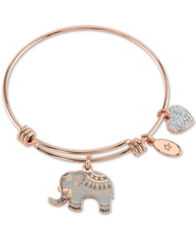 Unwritten "all Good Things Are Wild And Free" Elephant Charm Adjustable Bangle Bracelet In Rose Gold-tone Stai