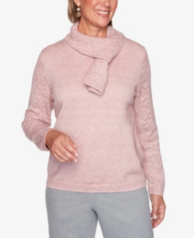 Alfred Dunner Women's Plus Size St. Moritz Pointelle Scarf Solid Sweater In Tearose