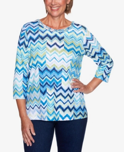 Alfred Dunner Women's Plus Size Vacation Mode Chevron Patch Knit Top In Multi