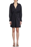 Sandro Celia Ruched Satin-twill Mini Dress In Navy Blue