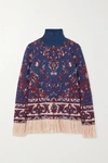 PACO RABANNE FRINGED INTARSIA ALPACA, COTTON AND WOOL-BLEND TURTLENECK SWEATER