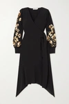 TORY BURCH ASYMMETRIC EMBELLISHED EMBROIDERED CREPE WRAP DRESS