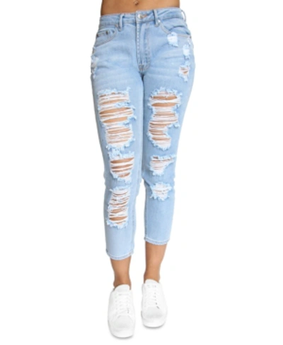 Almost Famous Juniors' Destructed High-rise Mom Jeans In Light Wash