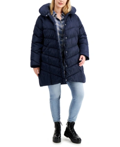 Madden Girl Trendy Plus Size Fleece-lined Hooded Puffer Coat In Indigo