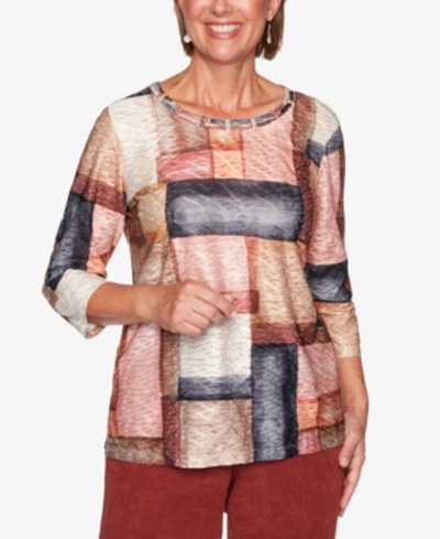 Alfred Dunner Petite Catwalk Watercolor Boxes Knit Top In Multi