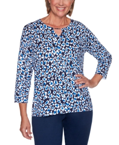 Alfred Dunner Petite Vacation Mode Animal-print Sweater In Navy