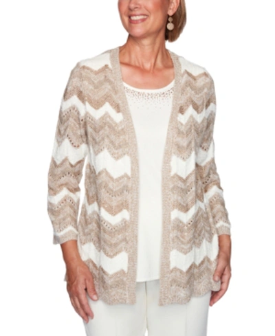 Alfred Dunner Petite Dover Cliffs Chevron Pointelle Two-for-one Sweater In Mocha
