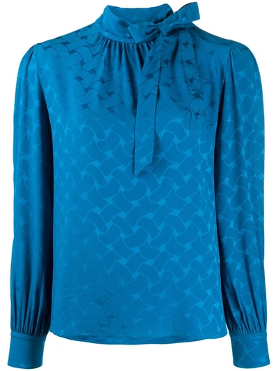 Saint Laurent Pussy-bow Silk-jacquard Blouse In Blue