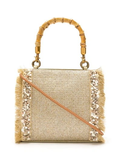 Isla Palha Bordada Conchas Amare Tote Bag In Gold