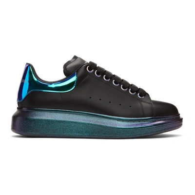 Alexander Mcqueen Man Black Oversize Trainers With Iridescent Spoiler And Blue Sole In Black/blue