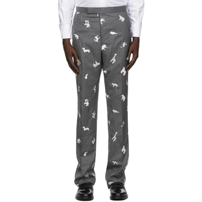 Thom Browne Animal-embroidered Cropped Trousers In Grey