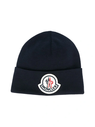 Moncler Logo Patch Beanie In Blue