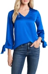 Cece Tie Cuff Satin Top In Deep Lapis