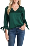 Cece Tie Cuff Satin Top In Alpine Green